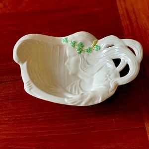 Belleek Ireland shamrock girl with harp small dish. Happy St Patrick's Day